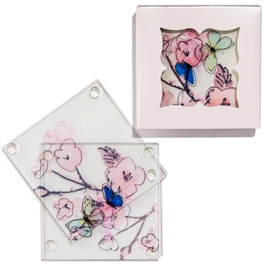 Hand Painted Botanical Butterfly Coaster Set Nwt